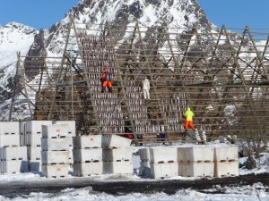 Gestell aus Holz, Menschen, die Fisch aufhängen